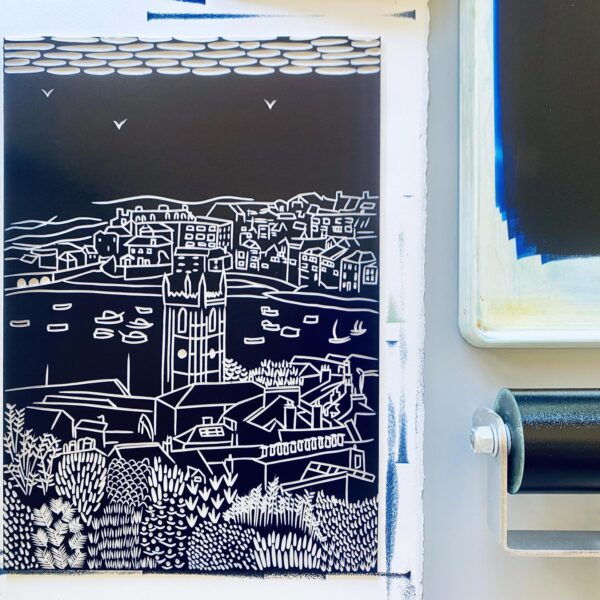 St ives navy inked lino block
