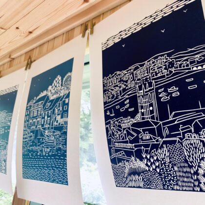 St ives navy linocut drying