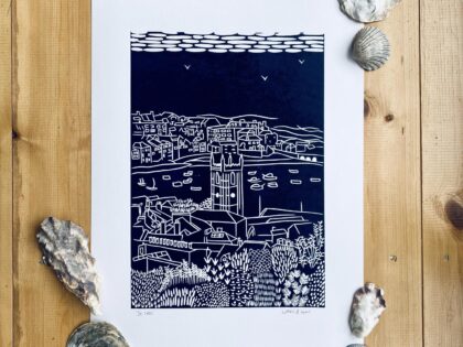 St ives navy linocut print