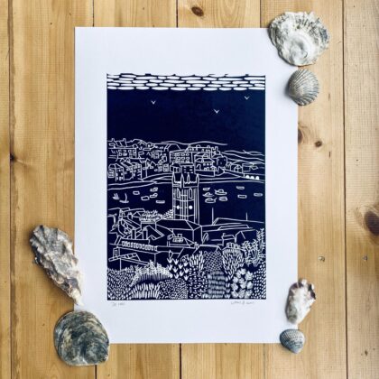 St ives navy linocut print