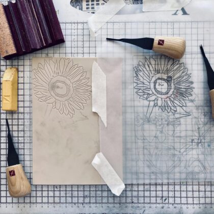 Summer lino block image transfer carving
