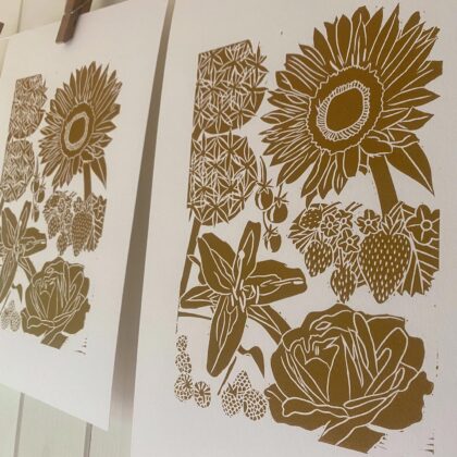 Summer lino cut print drying