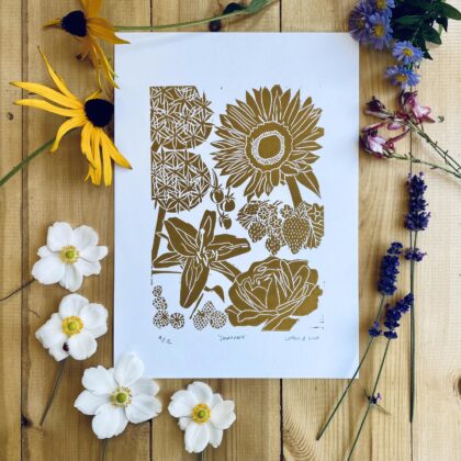 Summer lino cut print flowers unframed