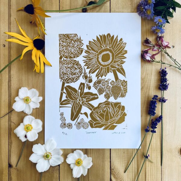 Summer lino cut print flowers unframed