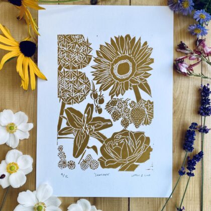 Summer linocut print close up unframed