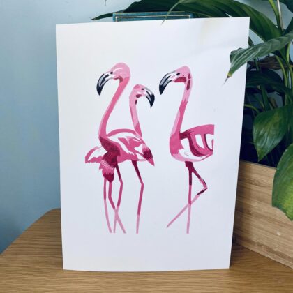 Unframed flamingos reduction linocut print