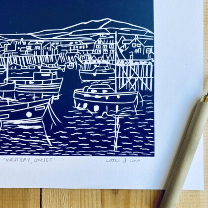 West bay dorset lino cut print navy detail