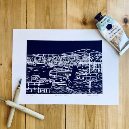 West bay dorset lino cut print navy prussian blue ink