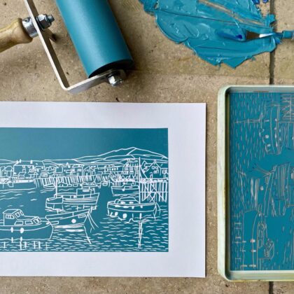 West bay dorset lino cut print sea green