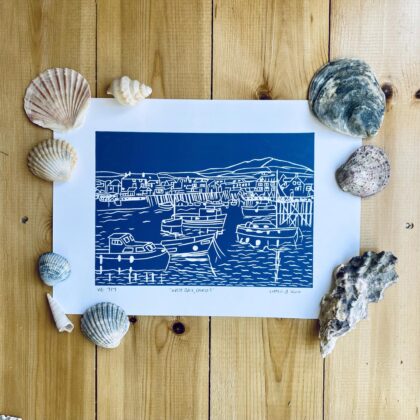 West bay dorset mid blue lino cut print