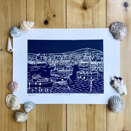 West bay dorset navy lino cut print