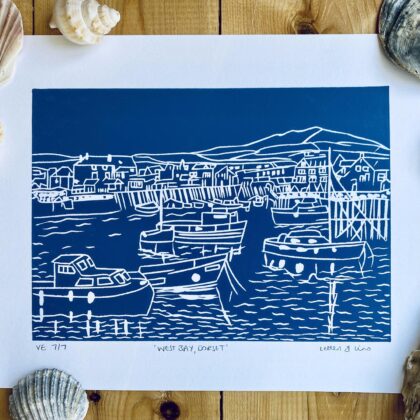 West bay dorset unframed linocut print mid blue