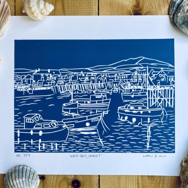 West bay dorset unframed linocut print mid blue
