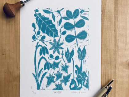 Winter lino cut print cutting tools