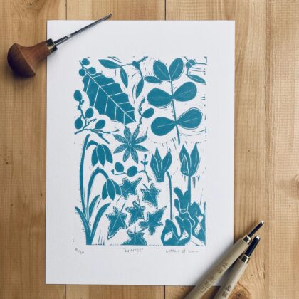 Winter lino cut print cutting tools