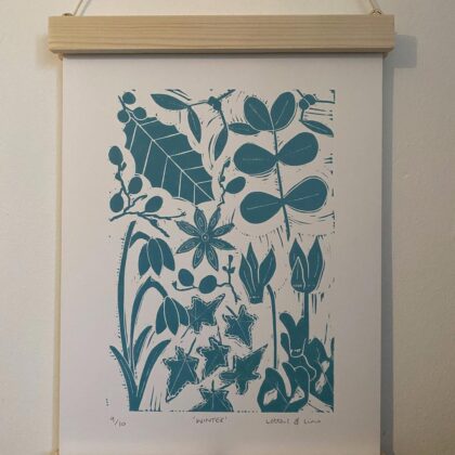 Winter lino cut print hanging frame