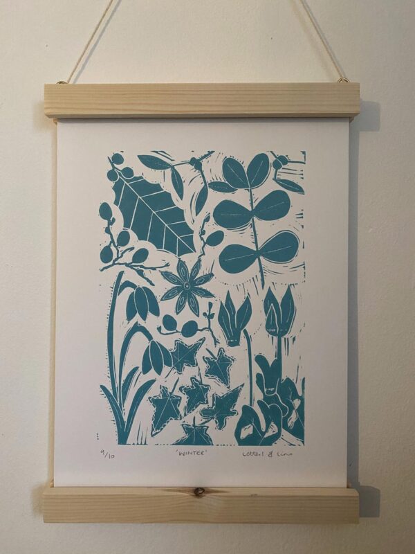 Winter lino cut print hanging frame
