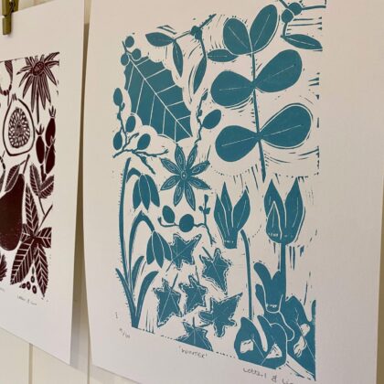 Winter linocut print close up
