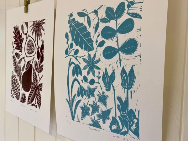 Winter linocut print close up